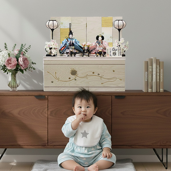 金澤永鳳作西陣織親王ホワイトウッド収納飾り照明付き