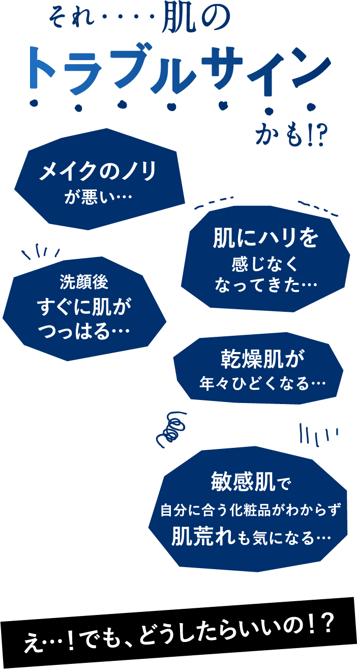 それ肌のトラブルサインかも。メイクのノリが悪い。洗顔後すぐに肌がつっぱる。肌にハリを感じなくなってきた。乾燥肌が年々ひどくなる。敏感肌で自分に合う化粧品がわからず肌荒れも気になる。え、でもどうしたらいいの?