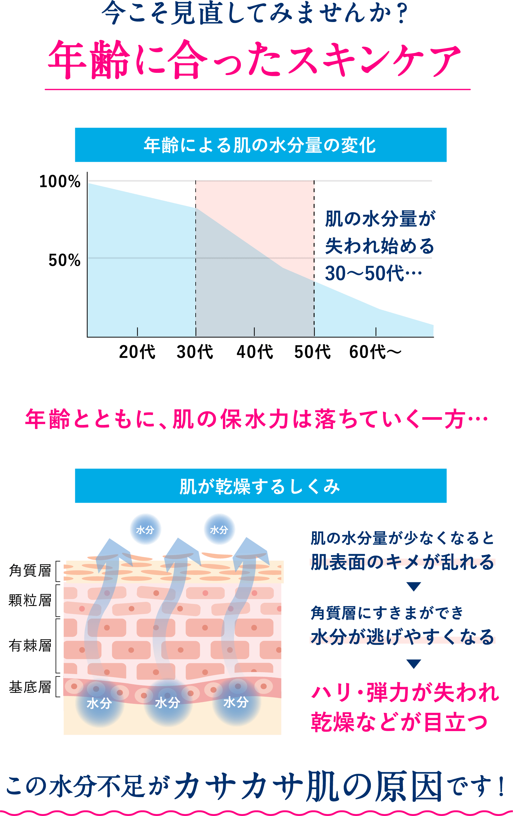 今こそ見直してみませんか?年齢に合ったスキンケア。年齢による肌の水分量の変化のグラフ。肌の水分量が失われ始める30〜50代…。年齢とともに、肌の保水力は落ちていく一方…。肌が乾燥するしくみのイラスト。肌の水分量が少なくなると肌表面のキメが乱れる。角質層にすきまができ水分が逃げやすくなる。ハリ・弾力が失われ乾燥などが目立つ。この水分不足がカサカサ肌の原因です!