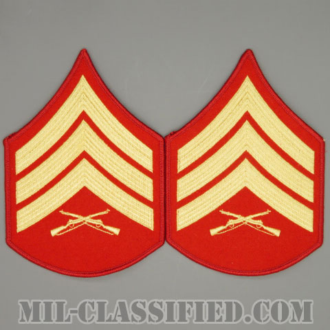 軍曹（Sergeant (Sgt)）[ゴールド・レッド/海兵隊階級章/Large（男性用）/パッチ/ペア（2枚1組）/中古1点物]の画像