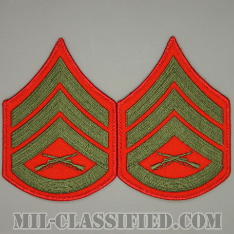 二等軍曹（Staff Sergeant (SSgt)）[グリーン・レッド/海兵隊階級章/Large（男性用）/パッチ/ペア（2枚1組）/中古1点物]の画像