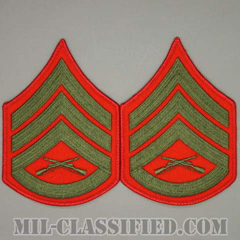 二等軍曹（Staff Sergeant (SSgt)）[グリーン・レッド/海兵隊階級章/Large（男性用）/パッチ/ペア（2枚1組）/中古1点物]画像
