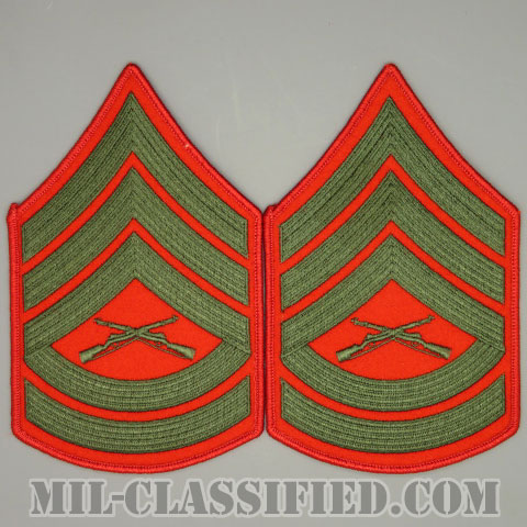 一等軍曹（Gunnery Sergeant (GySgt)）[グリーン・レッド/海兵隊階級章/Large（男性用）/パッチ/ペア（2枚1組）/中古1点物]画像