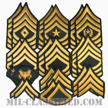 【SALE】アメリカ陸軍兵士下士官階級章（Enlisted Rank Insignia, Chevron） [カラー（グリーン）/メロウエッジ/階級章（男性用）/パッチ/11ペアセット（22枚11組）画像