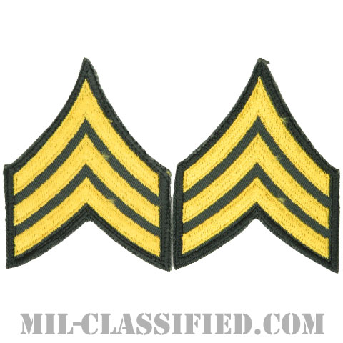 軍曹（Sergeant (SGT)）[カラー（グリーン）/男性用/カットエッジ/階級章（1959-）/パッチ/中古1点物（ペア2枚1組）]の画像