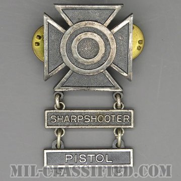 射撃技術章 (シャープシューター)（Marksmanship, Sharpshooter）[カラー/1960s/燻し銀（銀張り・Silver Filled）/バッジ/中古1点物（バー2個付）]画像