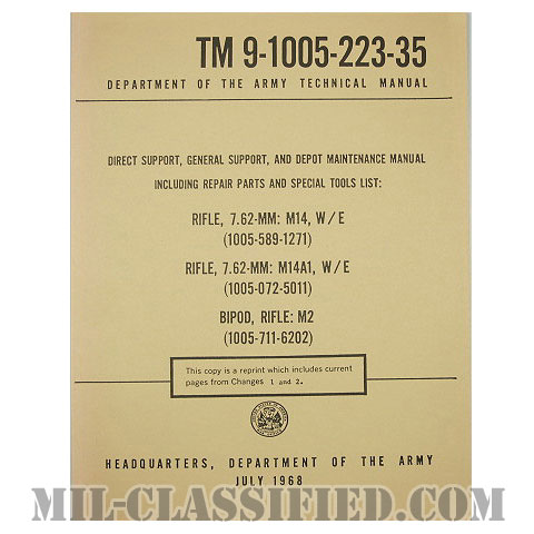米軍 M14ライフル/M14A1ライフル テクニカルマニュアル 1968年ロットの画像