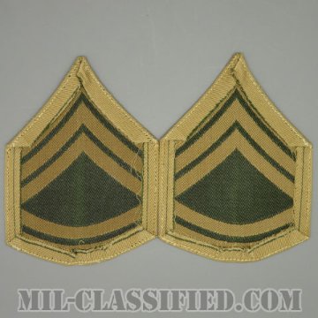 一等軍曹（Gunnery Sergeant (GySgt)）[機械織りタイプ/グリーン・カーキ/海兵隊階級章（1940s）/パッチ/ペア（2枚1組）/中古1点物]画像