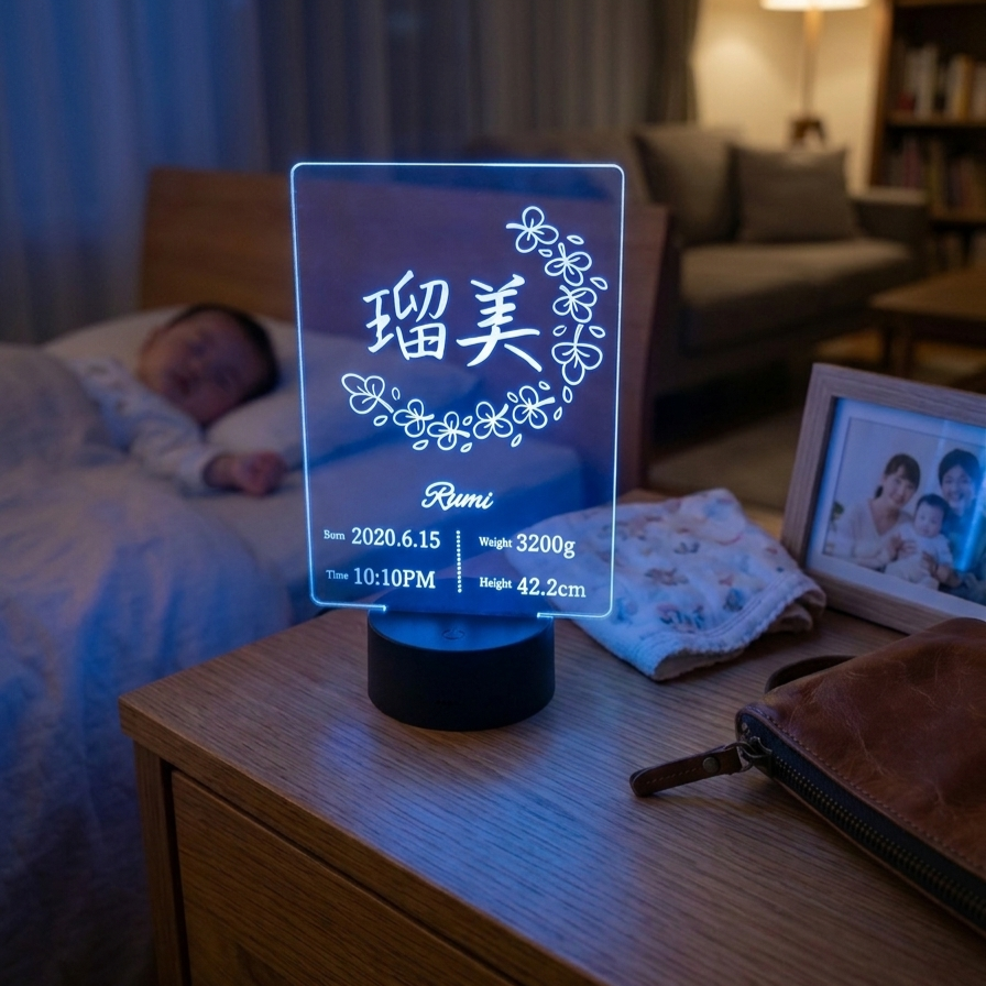 【送料無料】名入れ 命名書 アクリル LEDスタンド【光る メモリアル】出産祝い ニューボーンフォト 誕生記録 刻印 ベビーギフト インテリアの画像