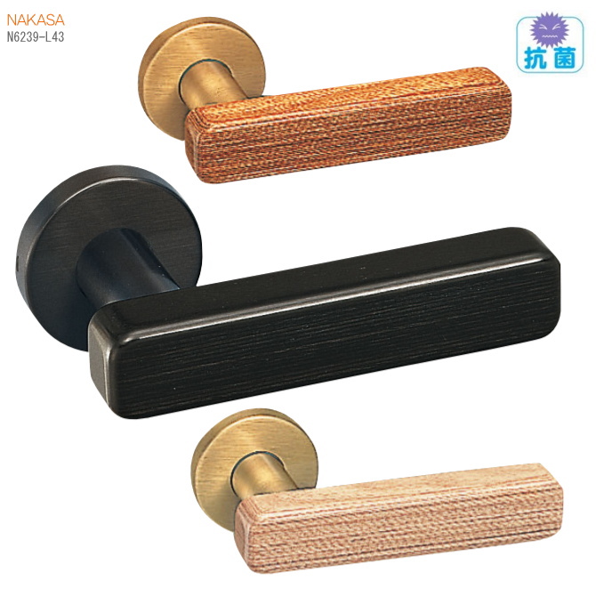 抗菌四角いウッドレバーハンドル 丸座 真鍮+積層 ドアレバー 空錠・チューブラ空錠・表示錠・間仕切錠の画像