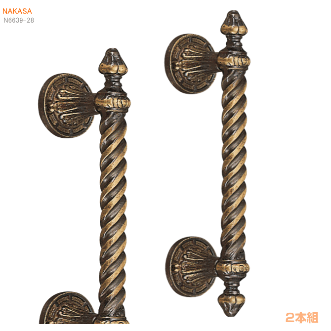 アンティークラセン取手（2本組）（古代色・金）（大300・小200mm） DH-307 扉 玄関取っ手 把手ドアハンドル ヒンジ扉の画像