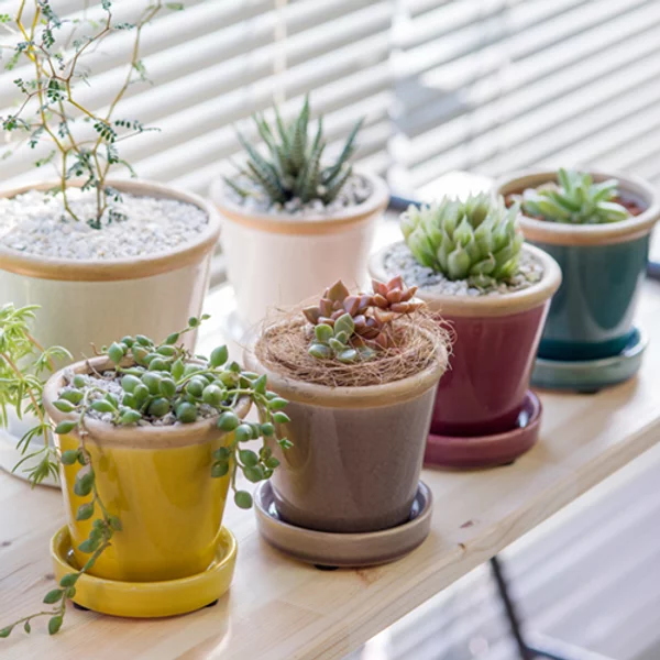 【N2】カラフル 植木鉢・鉢受けセット　（3号・4号・5号　8カラー）セラミック の画像