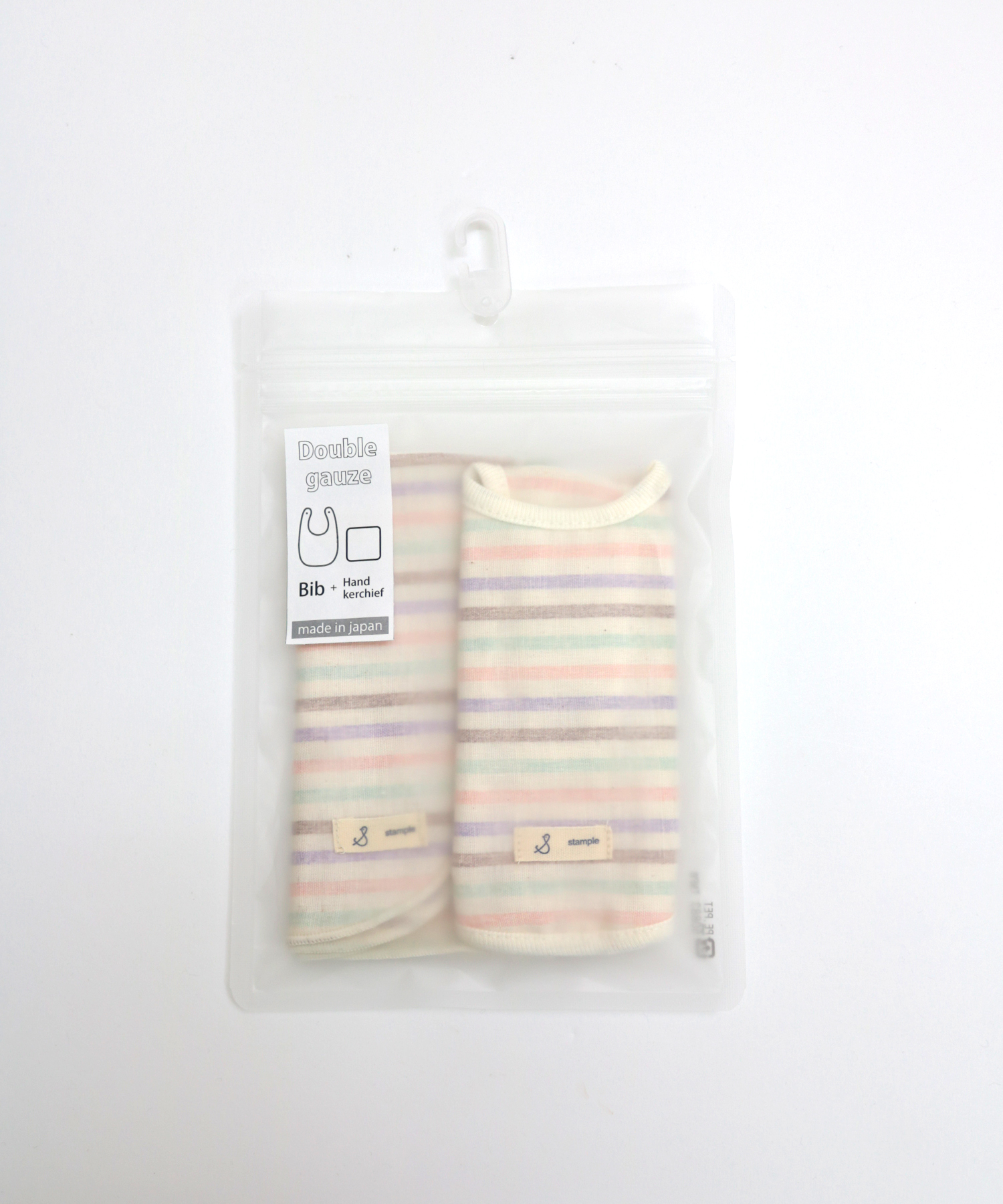安心の日本製ご出産祝いにもおすすめ！コットン100％ボーダーベビー用スタイとハンカチのセット赤ちゃんよだれかけ日本のベビー服ブランド「スタンプル」画像