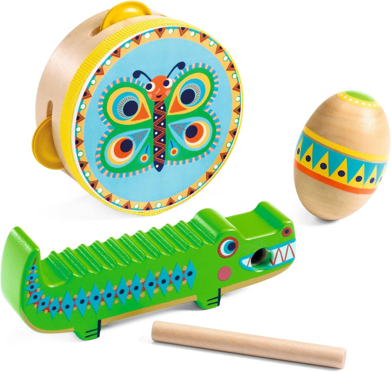 フランス発おもちゃブランド「DJECOジェコ」アニマンボシリーズ楽器３種 パーカッションセット（タンバリン・マラカス・ギロ）お誕生日プレゼントに！対象3歳以上画像