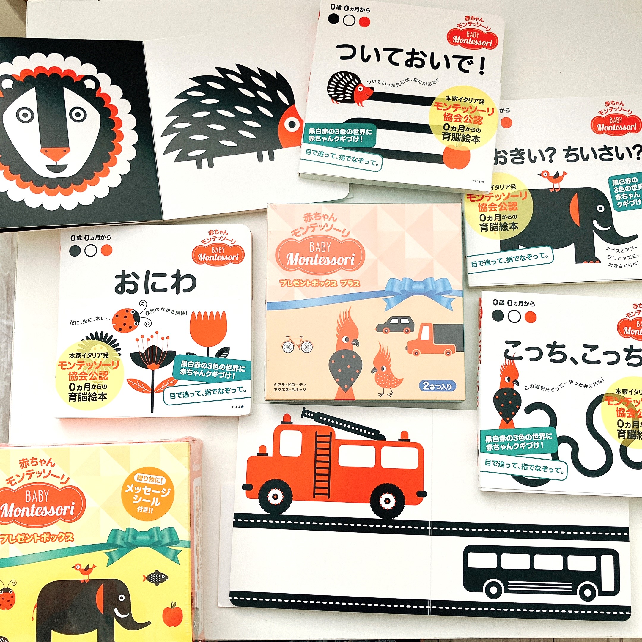 赤ちゃんモンテッソーリ　プレゼントボックス0ヵ月からの育脳絵本!ファーストブック、出産祝いに『のりもの』黒白赤のみの色と、シンプルな線で構成された絵に、赤ちゃんの視覚と想像力が刺激されますの画像