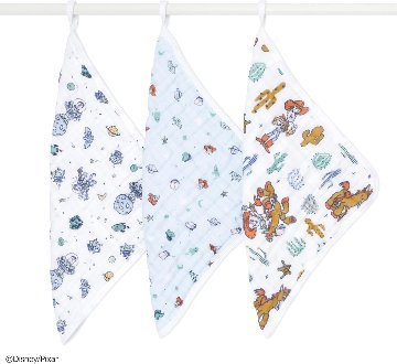 ラッピング手数料無料☆ディズニー好き必見！出産祝いにアメリカベビー用品ブランドエイデンアンドアネイ30x30cmガーゼタオル3枚セットディズニーシリーズ「トイストーリー」の画像