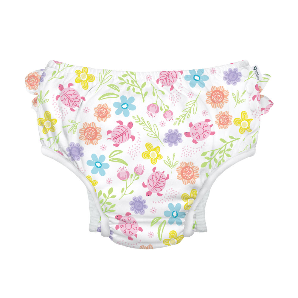使い捨て水着パンツはもういらない！繰り返し使えるオムツ機能付水遊びパンツiplay(アイプレイ)ベビー用水着スイムパンツ（White Turtle Floralホワイトタートル）の画像