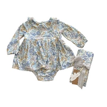 ご出産祝いに！サンフランシスコ発ベビー服ブランド「エンジェルディア」ブルーフラワーロンパースドレスワンピース6-12ヵ月用（日本サイズ70サイズから80サイズ）スワドルとセットでご出産祝いに！の画像
