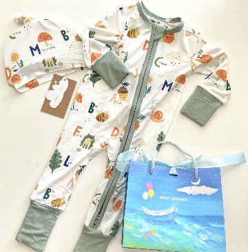 ご出産祝い・お誕生日プレゼントに！サンフランシスコ発ベビー服ブランド「エンジェルディア」ジッパーで脱ぎ着も楽々赤ちゃん服・カバーオール表示サイズ0-3M（目安５０‐６０サイズ）の画像