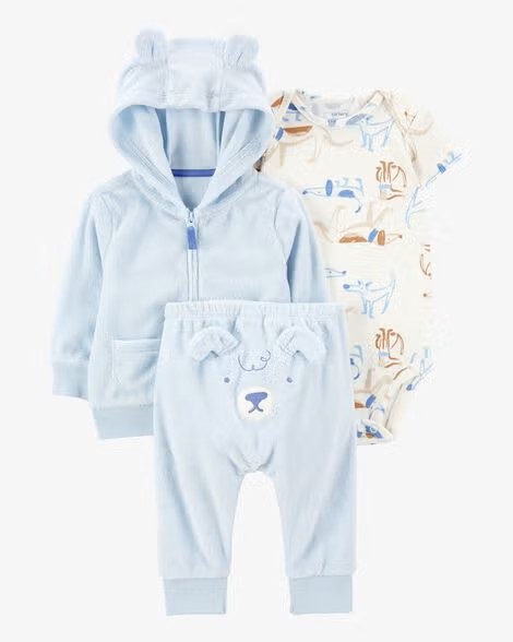 ご出産祝いにアメリカベビー服ブランド「カーターズ」赤ちゃん服3点セットフード付きパーカー・ボディスーツ・パンツ9ヵ月/目安体重~9.3㎏日本サイズ70と12ヶ月/目安体重～11.1㎏日本サイズ80の画像