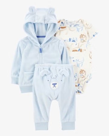 ご出産祝いにアメリカベビー服ブランド「カーターズ」赤ちゃん服3点セットフード付きパーカー・ボディスーツ・パンツ9ヵ月/目安体重~9.3㎏日本サイズ70と12ヶ月/目安体重～11.1㎏日本サイズ80の画像