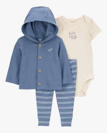 ご出産祝いにアメリカベビー服ブランド「カーターズ」赤ちゃん服3点セットフード付きパーカー・ボディスーツ・パンツ9ヵ月/目安体重~9.3㎏日本サイズ70プレゼントに！の画像