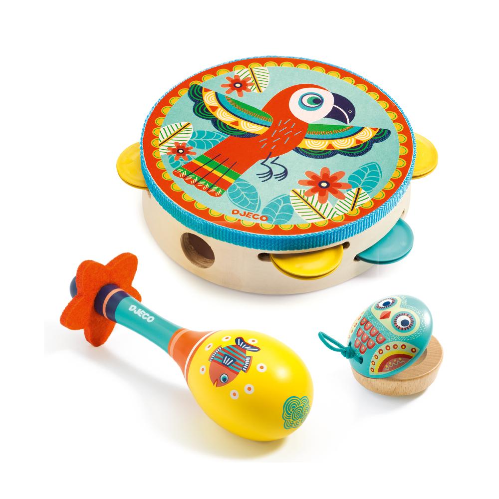 お誕生日プレゼント・クリスマスプレゼントにおすすめ！フランスおもちゃブランド「DJECOジェコ」の楽器おもちゃ3種 タンバリン・​マラカス・​カスタネットの画像