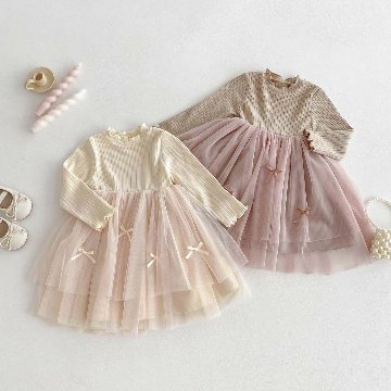 発表会などの特別なシーンでも！チュール付きワンピース・ドレス　リボン　シンプルデザインでお誕生日プレゼントにもおすすめサイズ80から120の画像