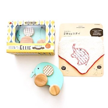 やさしいぞうさん出産祝いギフトセット｜今治タオル2WAYビブ＋木製おもちゃ「ぞうさんエリー」｜男の子赤ちゃん・女の子ベビーOK｜大人気ベビー用品がセットに！の画像