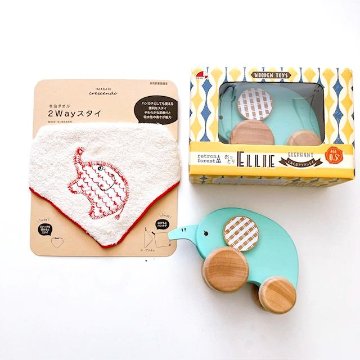 やさしいぞうさん出産祝いギフトセット｜今治タオル2WAYビブ＋木製おもちゃ「ぞうさんエリー」｜男の子赤ちゃん・女の子ベビーOK｜大人気ベビー用品がセットに！の画像