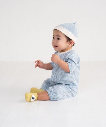 ラッピング無料！出産祝いに人気の日本製ベビーギフトセット 「スタンプル」新生児～ 2WAYオール＋ベビー帽子＋靴下 3点セットの画像