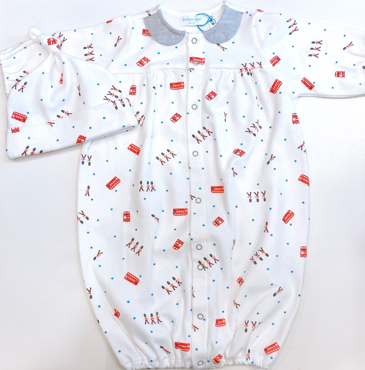 【ラッピング無料】出産祝いに人気｜日本製ベビー服2WAYオールギフト＆ベビー用帽子＆モンテッソーリ絵本｜Boribonウーフ｜新生児から長く使えるギフトセット（ロンドン）の画像