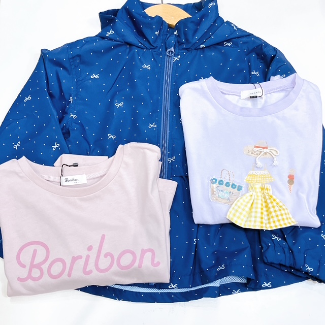 110サイズ｜女の子3点セット ペプラムデザインがかわいい♪ ウィンドブレーカー×長袖Tシャツ×半袖Tシャツ｜季節の変わり目に便利な着まわし3点セットの画像