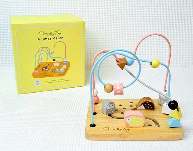 こどもの日のプレゼント・1歳のお誕生日プレゼントにおすすめ！やさしいパステルカラーと、かわいいどうぶつたちが目を引く木製ルーピングトイ「アニマルマーチ」の画像