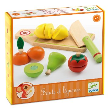 フランスおもちゃブランド「DJECO ジェコ フルーツ＆ベジタブル」 おままごと果物 カット 包丁 食材 切る マジックテープ 3歳 4歳 5歳 6歳 女の子 幼児 赤ちゃん 知育玩具プレゼントに！の画像