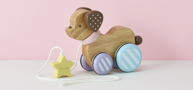 出産祝いに。パステルカラーがかわいい木製玩具シリーズ「ミルキートイ」パピー（子犬）と楽しくお散歩しよう！画像