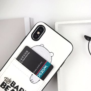 iPhone15 ケース くま パンダ しろくま 保護カバー 刺繍 ポケット Suica カード 電子マネー iPhone14 13 12 11 Pro Max Xs SE 8 7 Plus mini画像