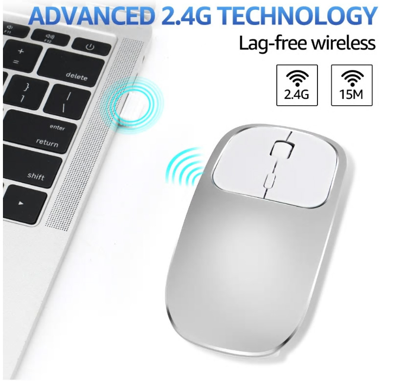 USB充電式ワイヤレスマウス 無線 静音 薄型 スリム オートスリープ 軽量 2.4G アルミ合金 DPI切り替え可画像