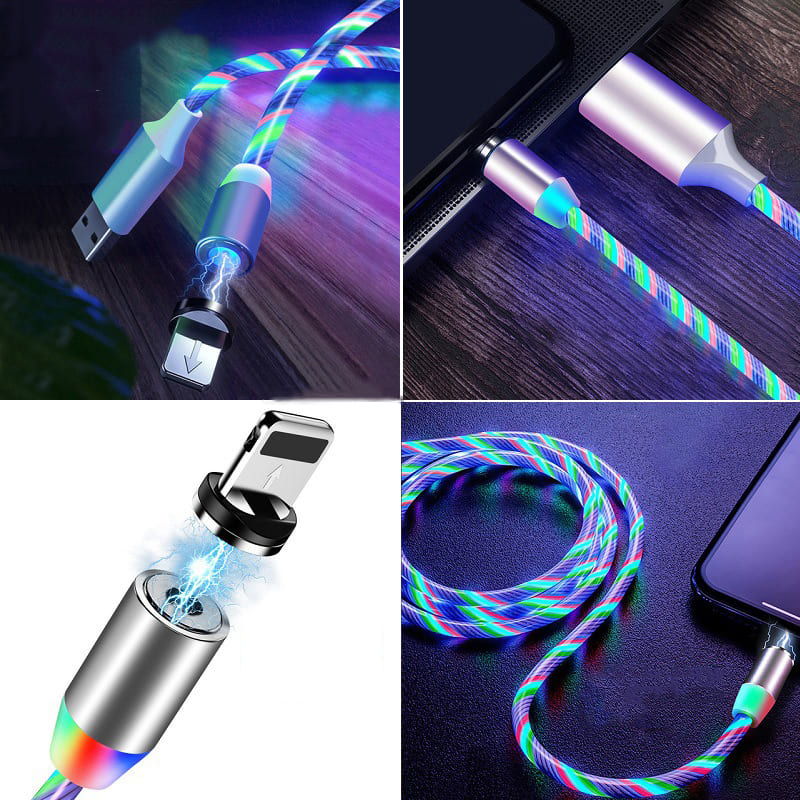 光るマグネット式充電ケーブル Micro USB Lightning Type-C 1m タイプC ライトニング マイクロUSB スマホ アイフォン アンドロイド 3in1画像