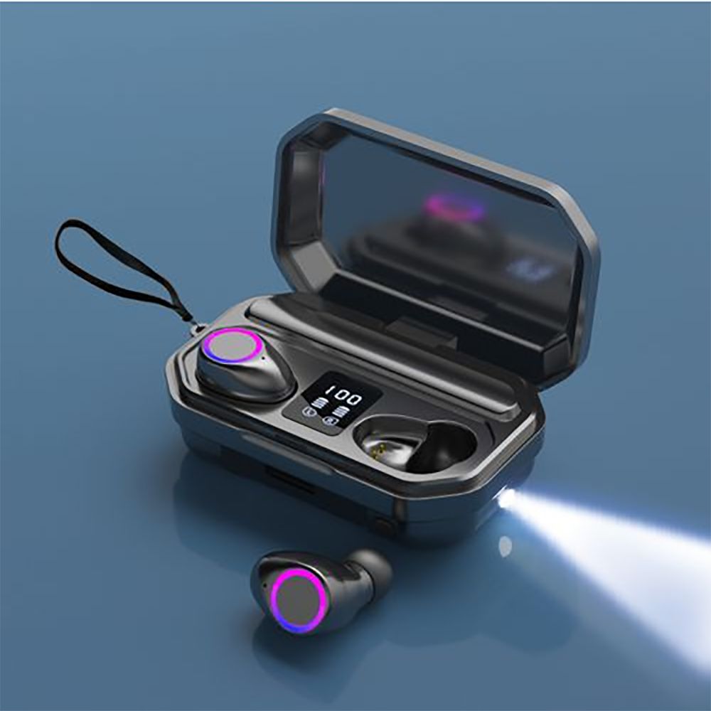 ワイヤレスイヤホン M12 Bluetooth 5.0 カナル型イヤフォン マイク IPX7防水 LEDライト 小型 バッテリーケース モバイルバッテリー 大容量 2000mAh 給電 イヤーピース付画像