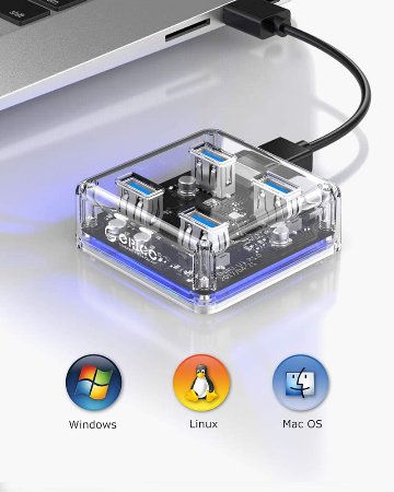 4ポート 透明USB3.0 ハブ HUB ORICO オリコ MH4U-U3 最大5Gbps Windows Mac Linux ラップトップ PC 軽量 電源ポート 追加電源画像