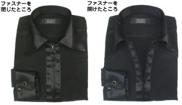 在庫処分品【特価】黒のファスナーレオタードシャツ（襟・前立て・カフスがサテン）Lサイズ画像