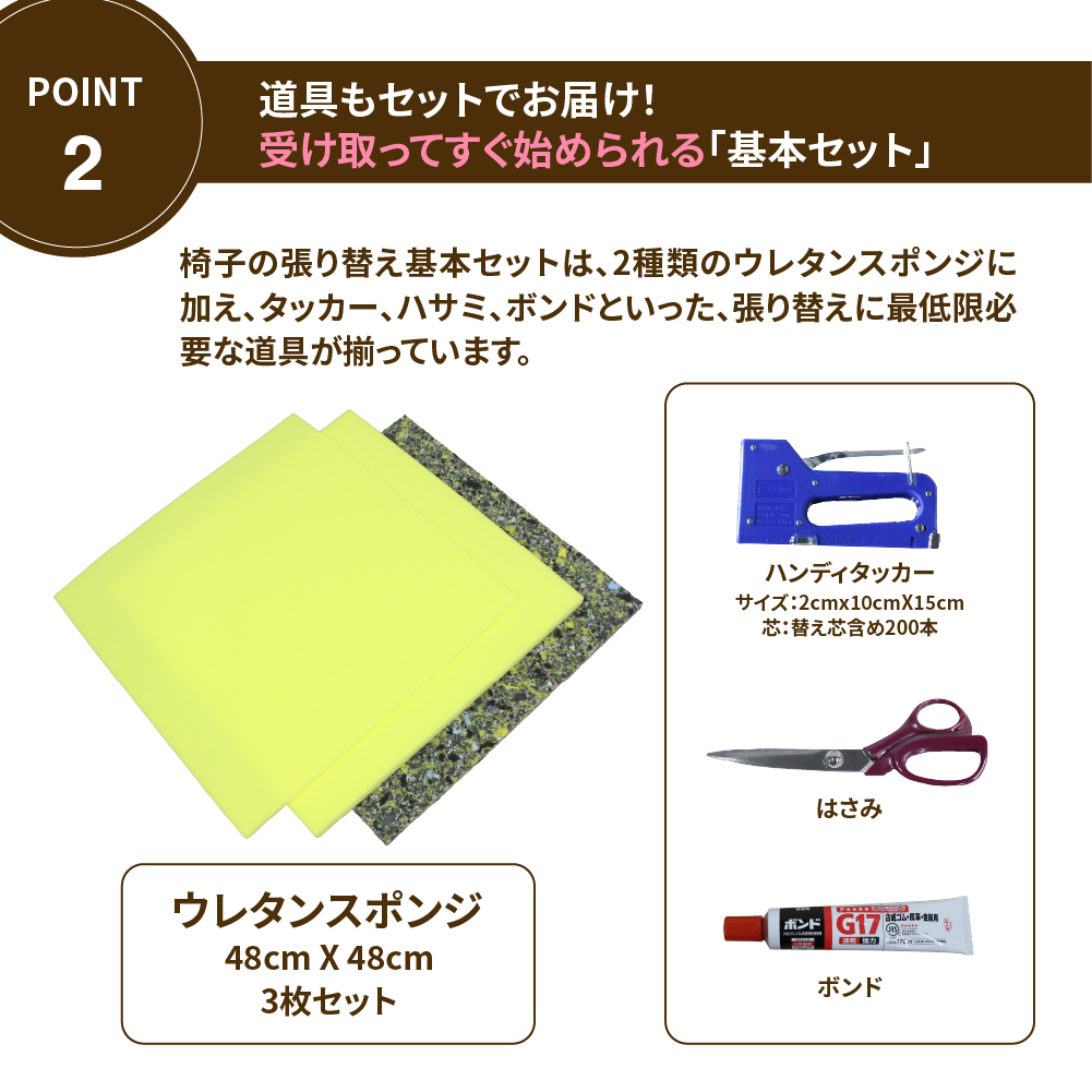 【中間】椅子張り替えセット 道具一式+ウレタンスポンジセット　1脚分の画像