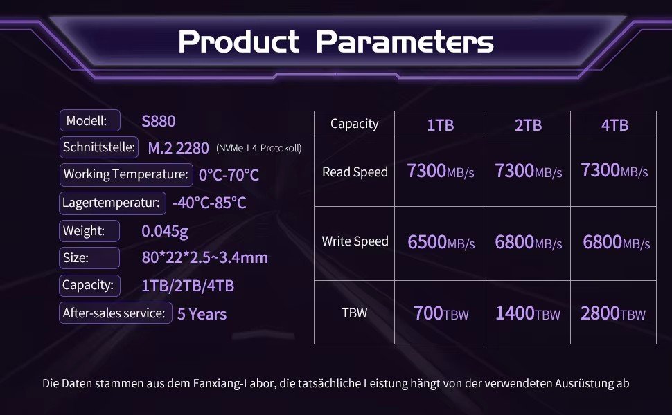 Fanxiang S880 NVMe M.2 2280 SSD PCIe Gen4.0x4 Read7300MB/s Write:6800MB/s 4TB  ドライブの画像
