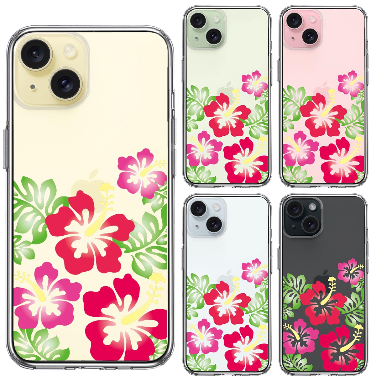 iPhone15ケース iPhoneカバー 側面ソフト 背面ハード ハイブリッド クリア ケース ハイビスカス レッドの画像