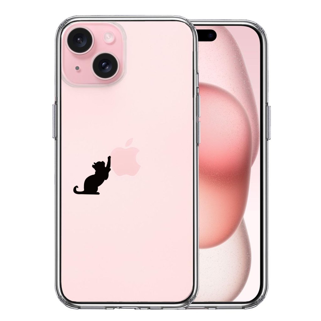 iPhone15Plusケース iPhoneカバー 側面ソフト 背面ハード ハイブリッド クリア ケース 猫 リンゴ キャッチの画像