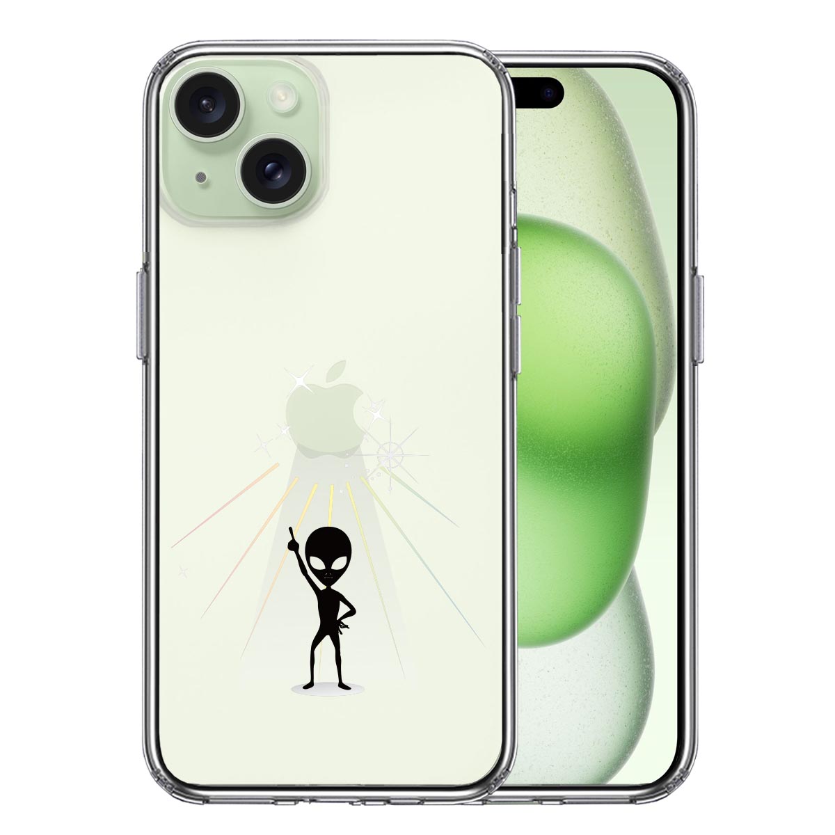 iPhone15ケース iPhoneカバー 側面ソフト 背面ハード ハイブリッド クリア 宇宙人 フィーバー ブラックの画像