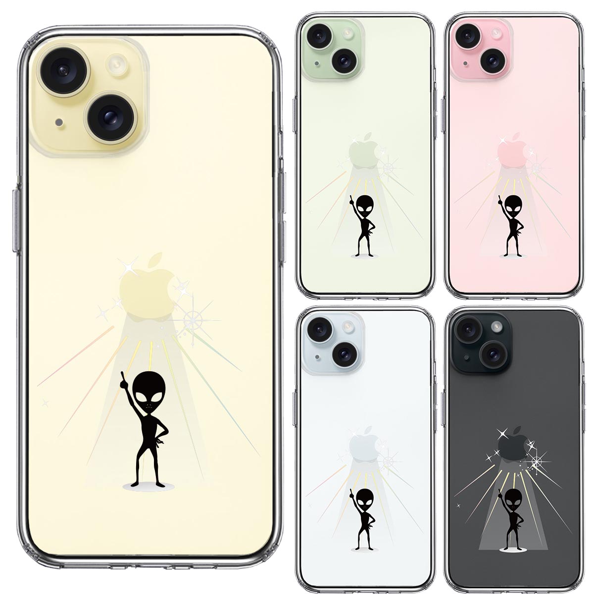 iPhone15ケース iPhoneカバー 側面ソフト 背面ハード ハイブリッド クリア 宇宙人 フィーバー ブラックの画像