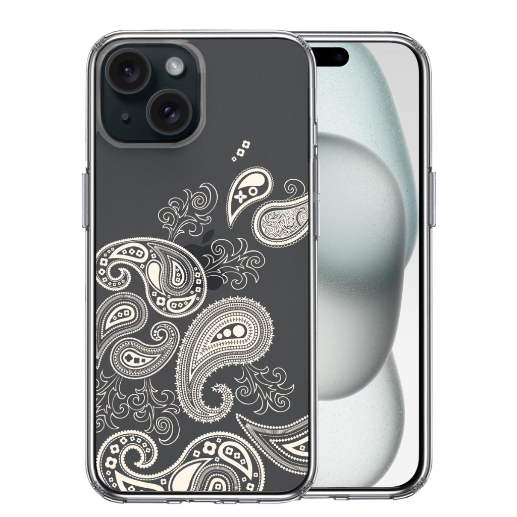iPhone15ケース iPhoneカバー 側面ソフト 背面ハード ハイブリッド クリア ケース ペイズリー 柄 クリーム色の画像