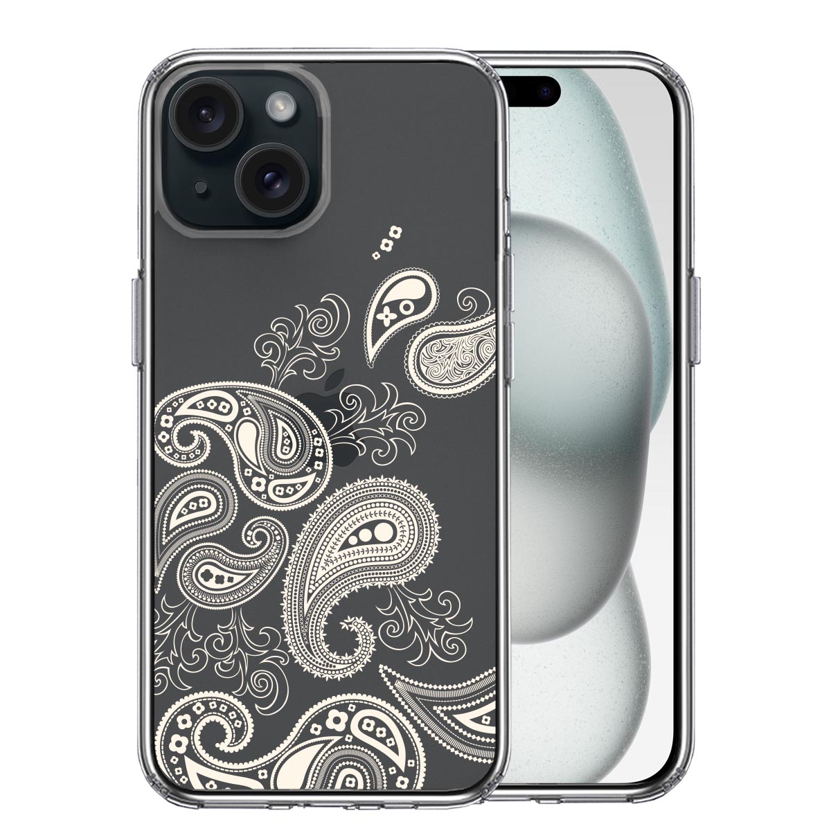 iPhone15ケース iPhoneカバー 側面ソフト 背面ハード ハイブリッド クリア ケース ペイズリー 柄 クリーム色の画像